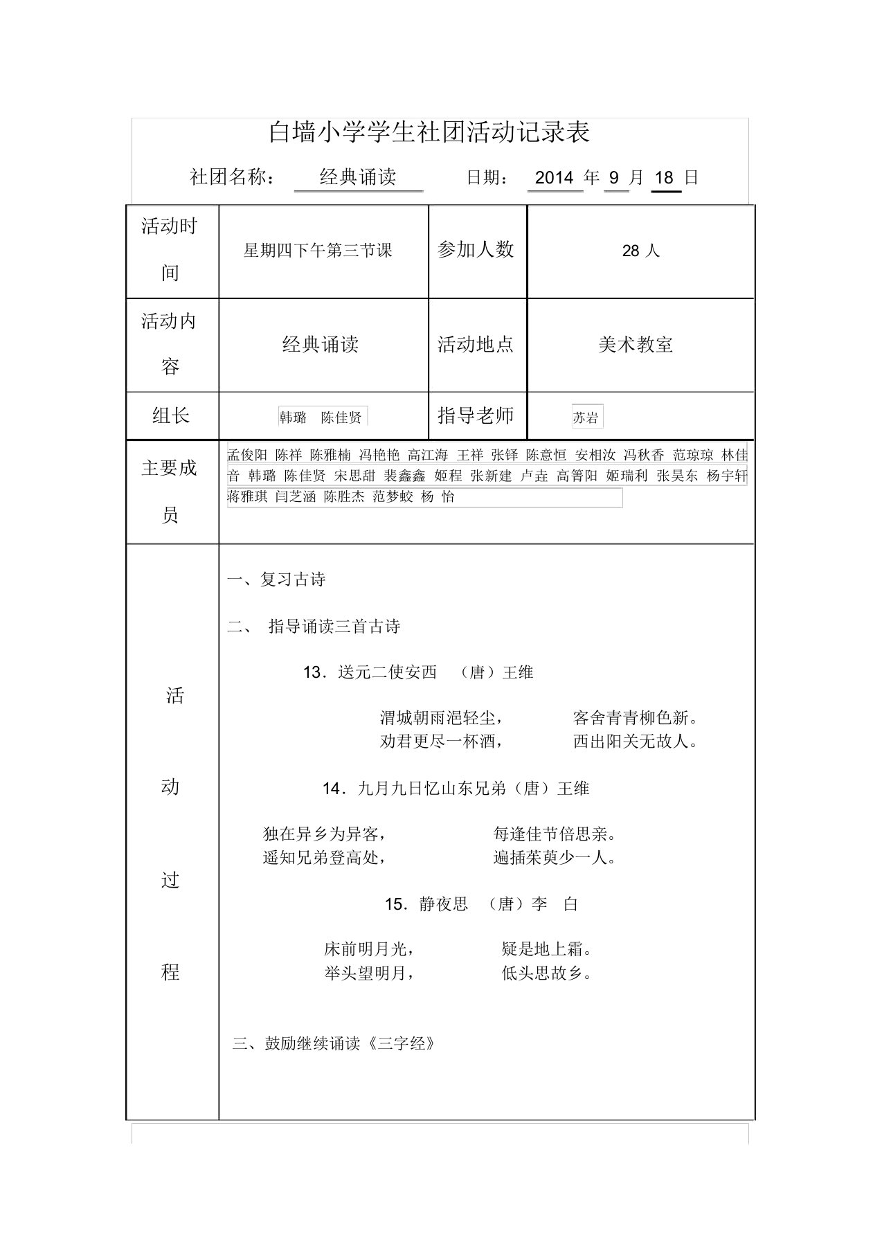 经典诵读社团活动记录表