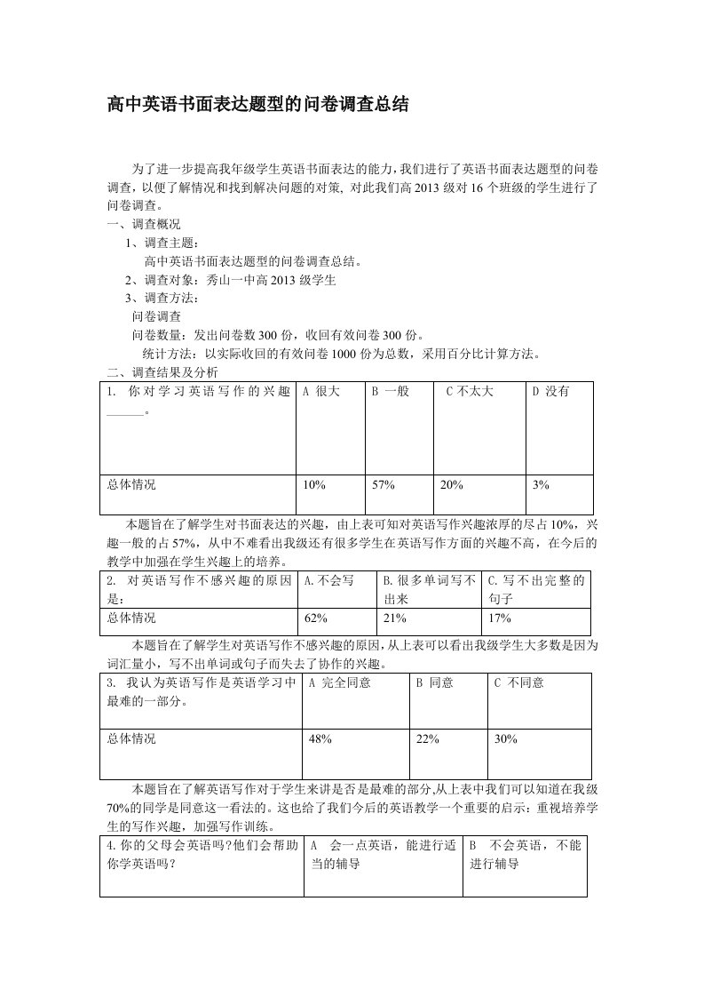 高中英语书面表达题型的问卷调查