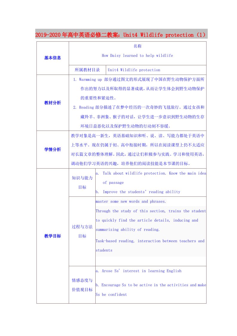 2019-2020年高中英语必修二教案：Unit4