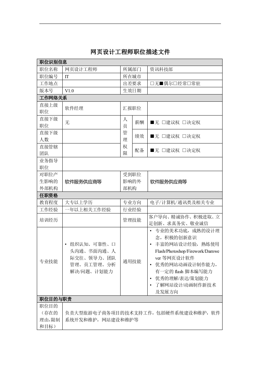 资讯科技部网页工程师岗位说明书