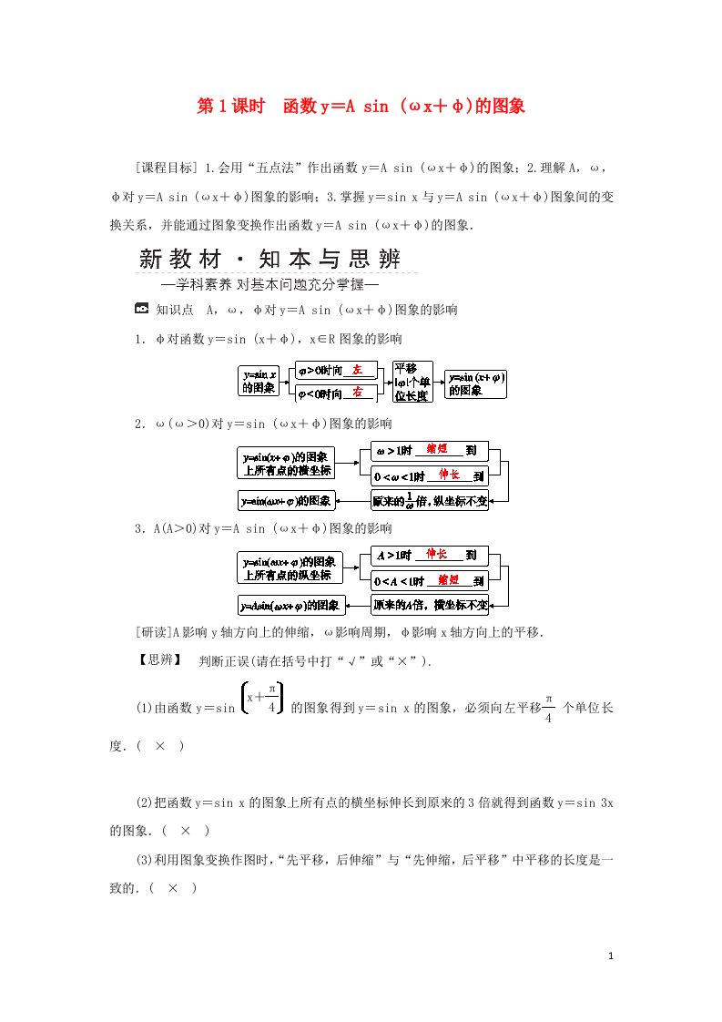 2021_2022年新教材高中数学第五章三角函数6.2函数y＝Asinωx＋φ的图象第一课时学案新人教A版必修第一册