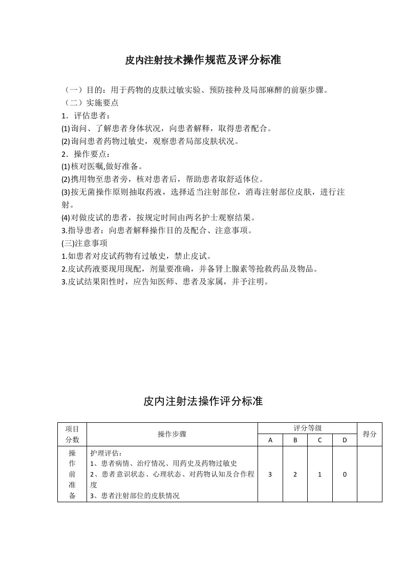 皮内注射技术操作规范及评分标准