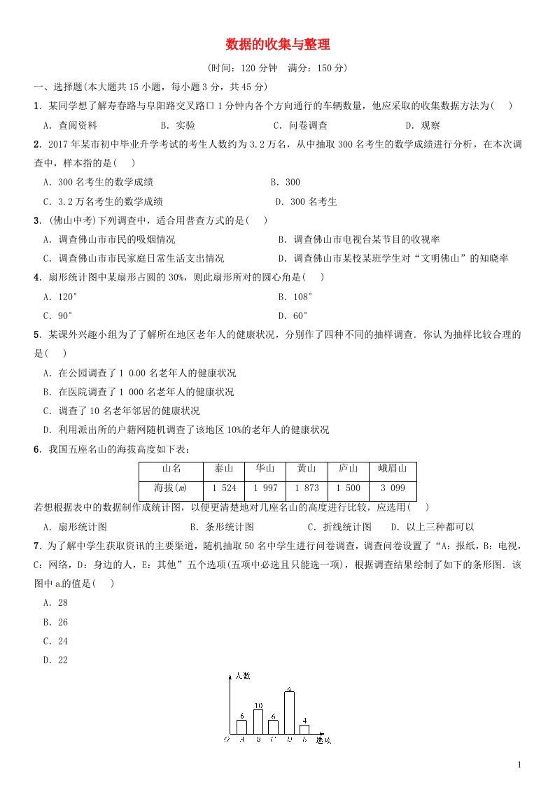 2023七年级数学上册第六章数据的收集与整理单元测试新版北师大版