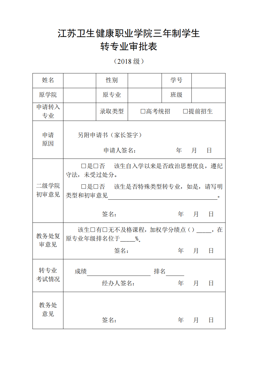 江苏卫生健康职业学院三年制学生转专业审批表【模板】