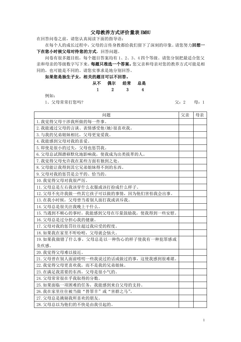 EMBU父母教养方式问卷