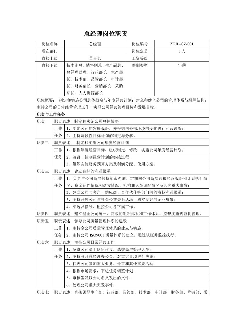 岗位职责-中小企业总经理岗位职责