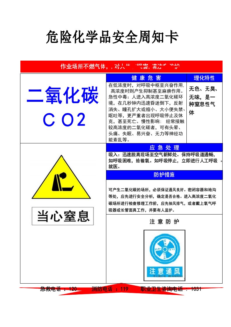 危险化学品安全周知卡(二氧化碳)