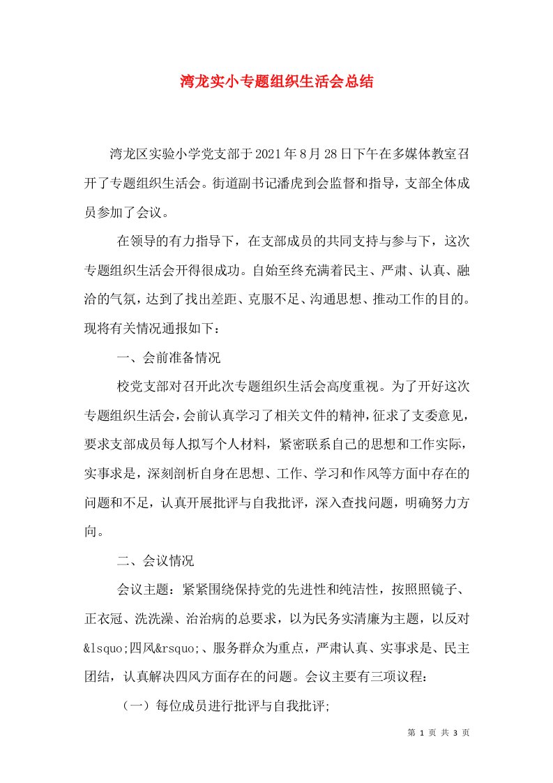 湾龙实小专题组织生活会总结