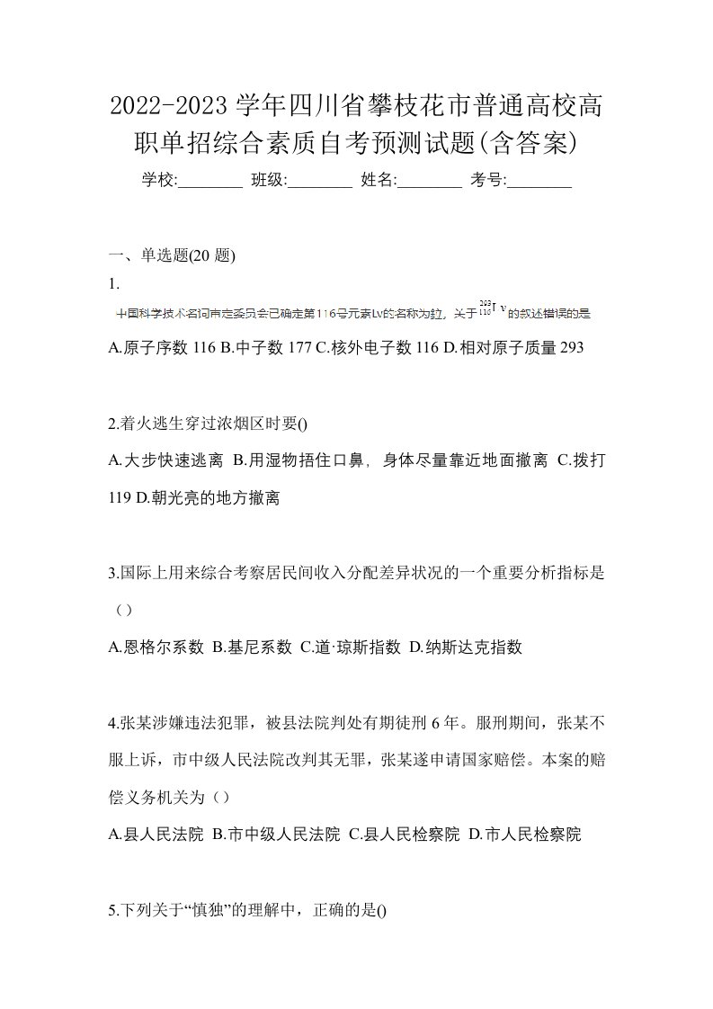 2022-2023学年四川省攀枝花市普通高校高职单招综合素质自考预测试题含答案