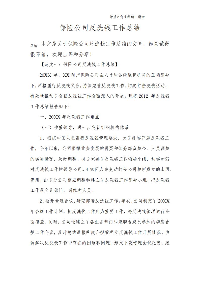 保险公司反洗钱工作总结