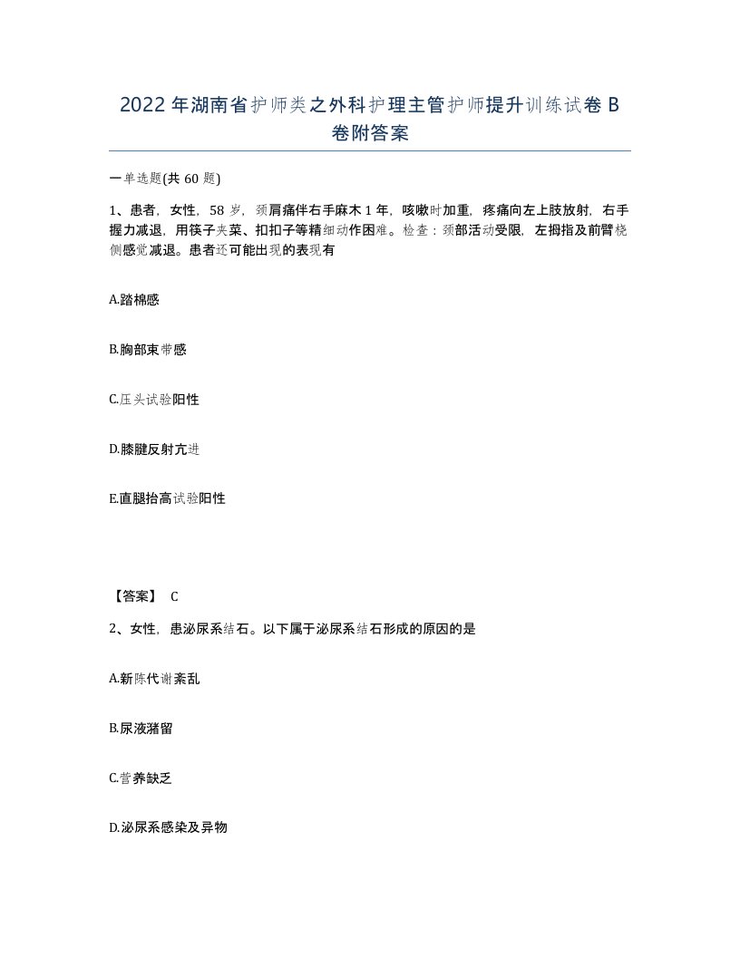 2022年湖南省护师类之外科护理主管护师提升训练试卷B卷附答案