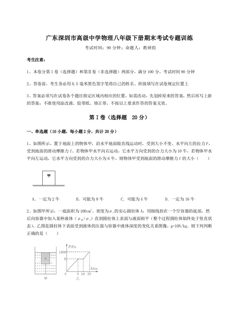 2023-2024学年广东深圳市高级中学物理八年级下册期末考试专题训练试卷（解析版）