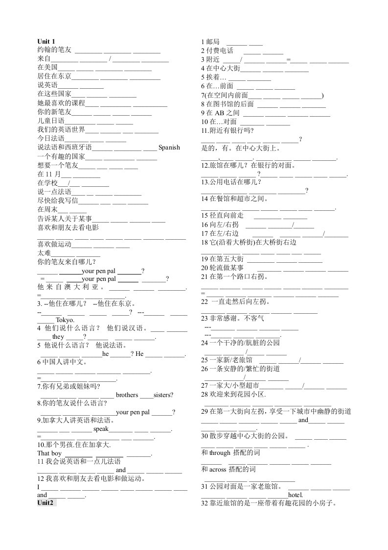 初一Unit1-12词组与重点句子