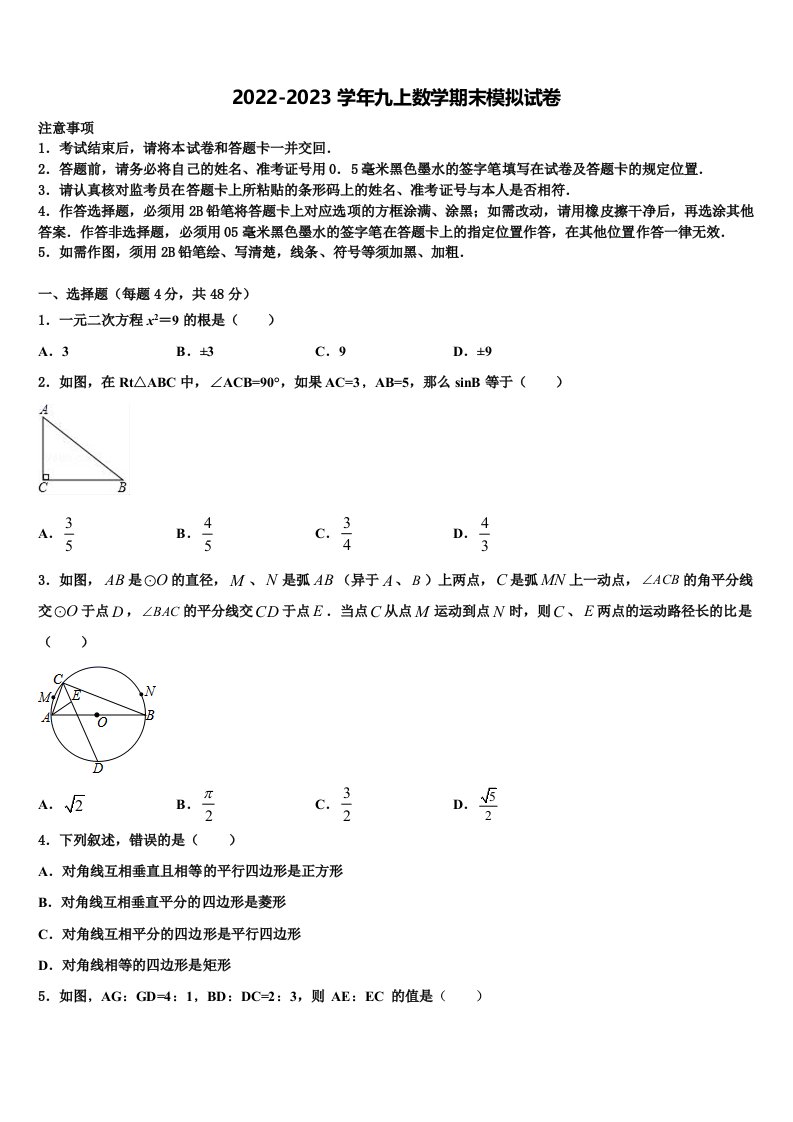 河南洛阳伊川2022年九年级数学第一学期期末达标检测模拟试题含解析