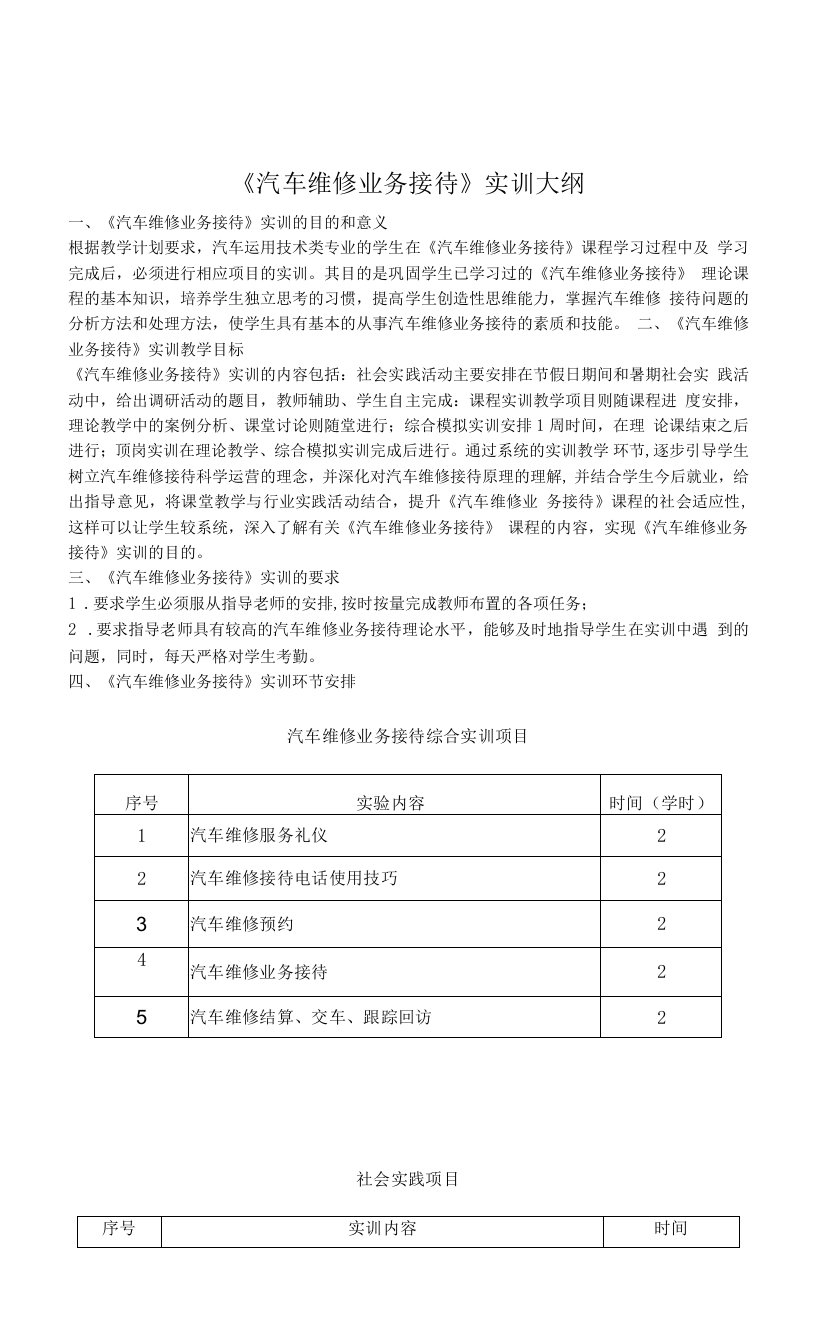 《汽车维修业务接待》实训教学大纲与实训指导书