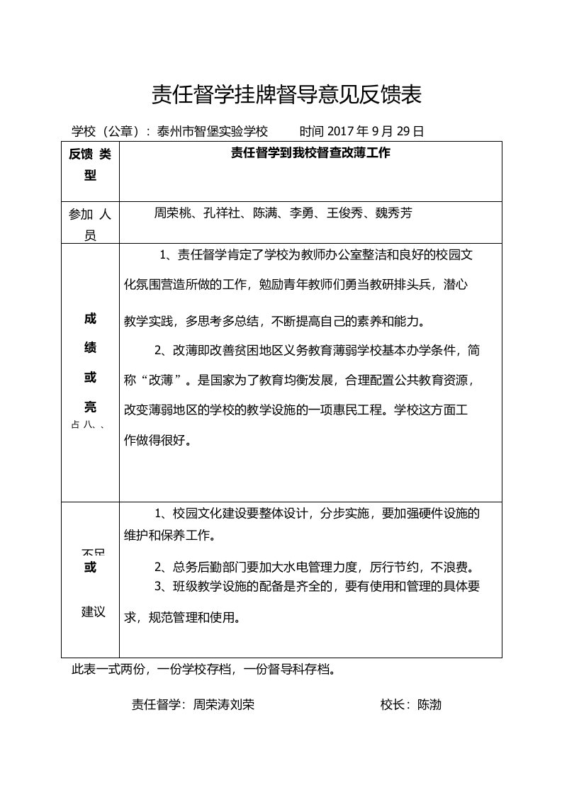 【新编】责任督学挂牌督导意见反馈表