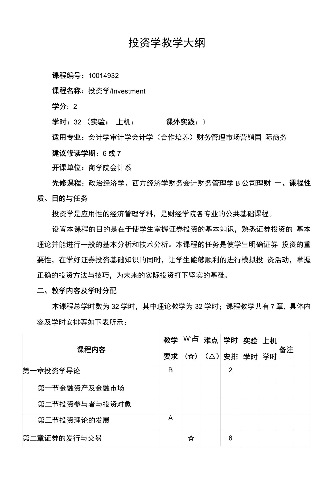 投资学教学大纲