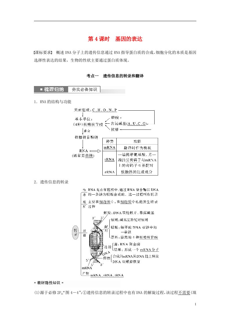 新高考2023届高考生物一轮复习讲义第6单元第4课时基因的表达新人教版