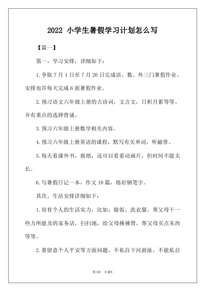 2022年小学生暑假学习计划怎么写