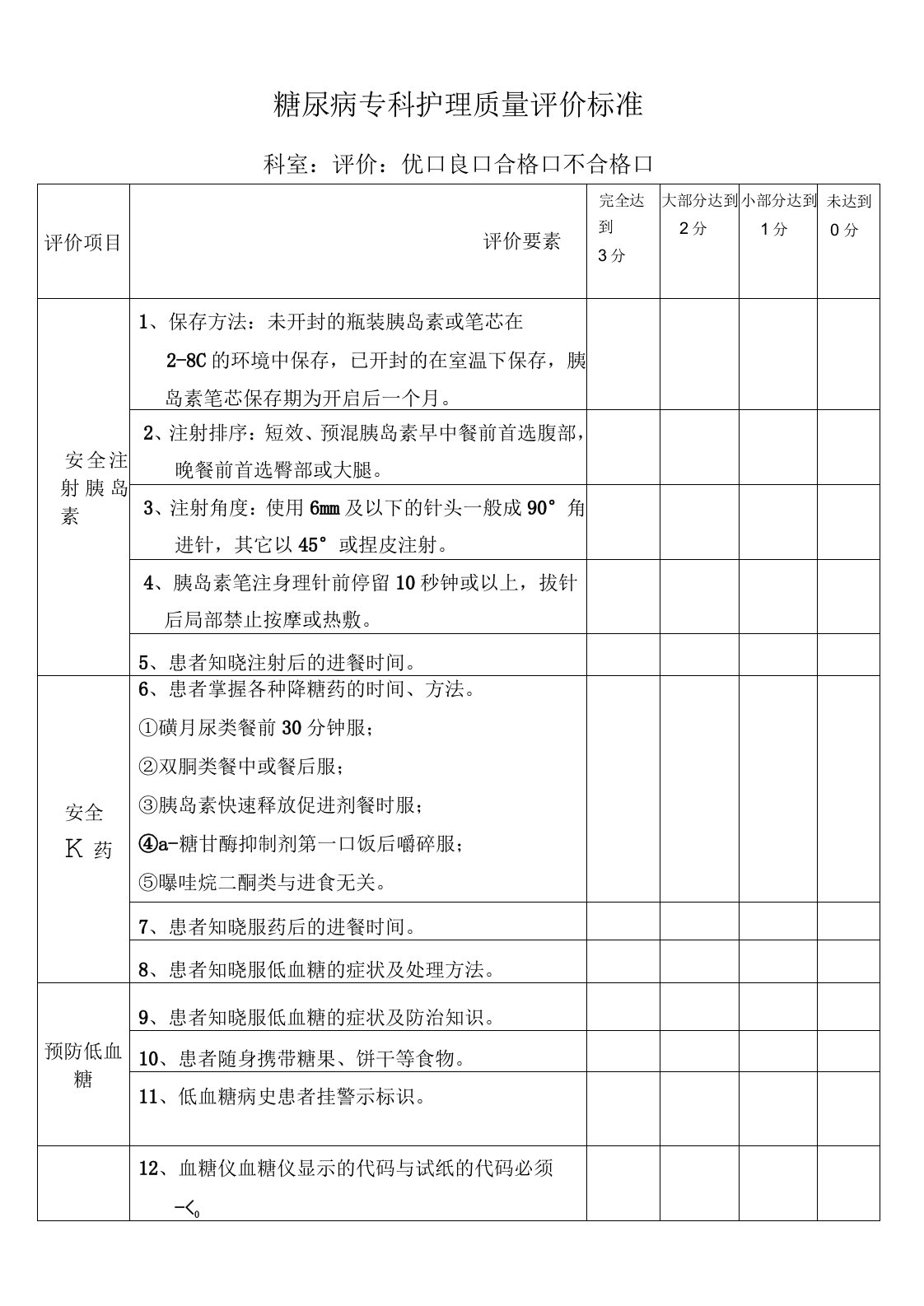 糖尿病专科护理质量评价标准