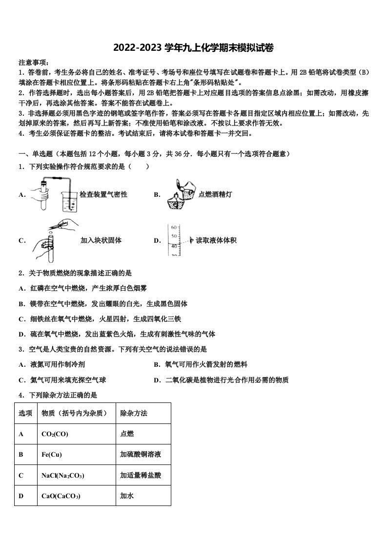 2023届贵州省铜仁松桃县联考化学九年级第一学期期末检测试题含解析