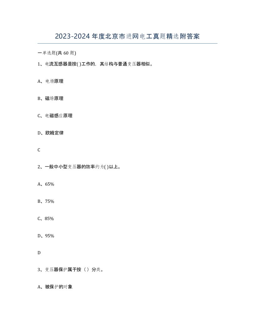 2023-2024年度北京市进网电工真题附答案