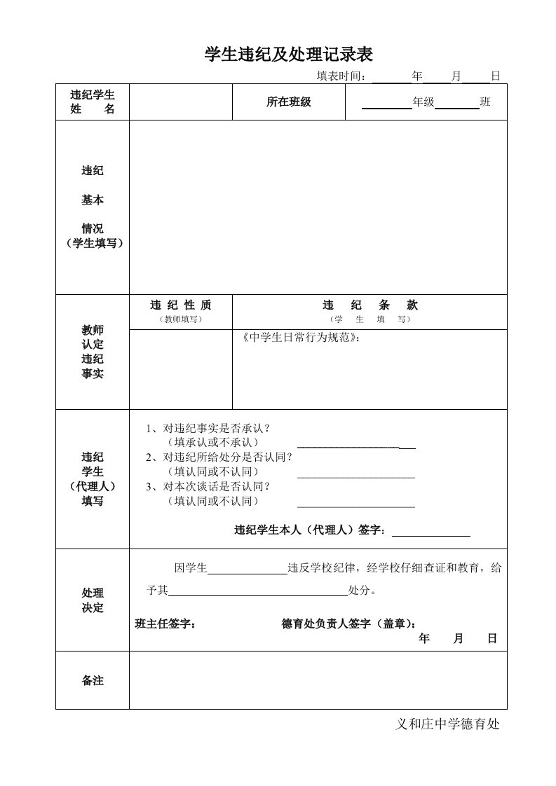 学生违纪及处理记录表