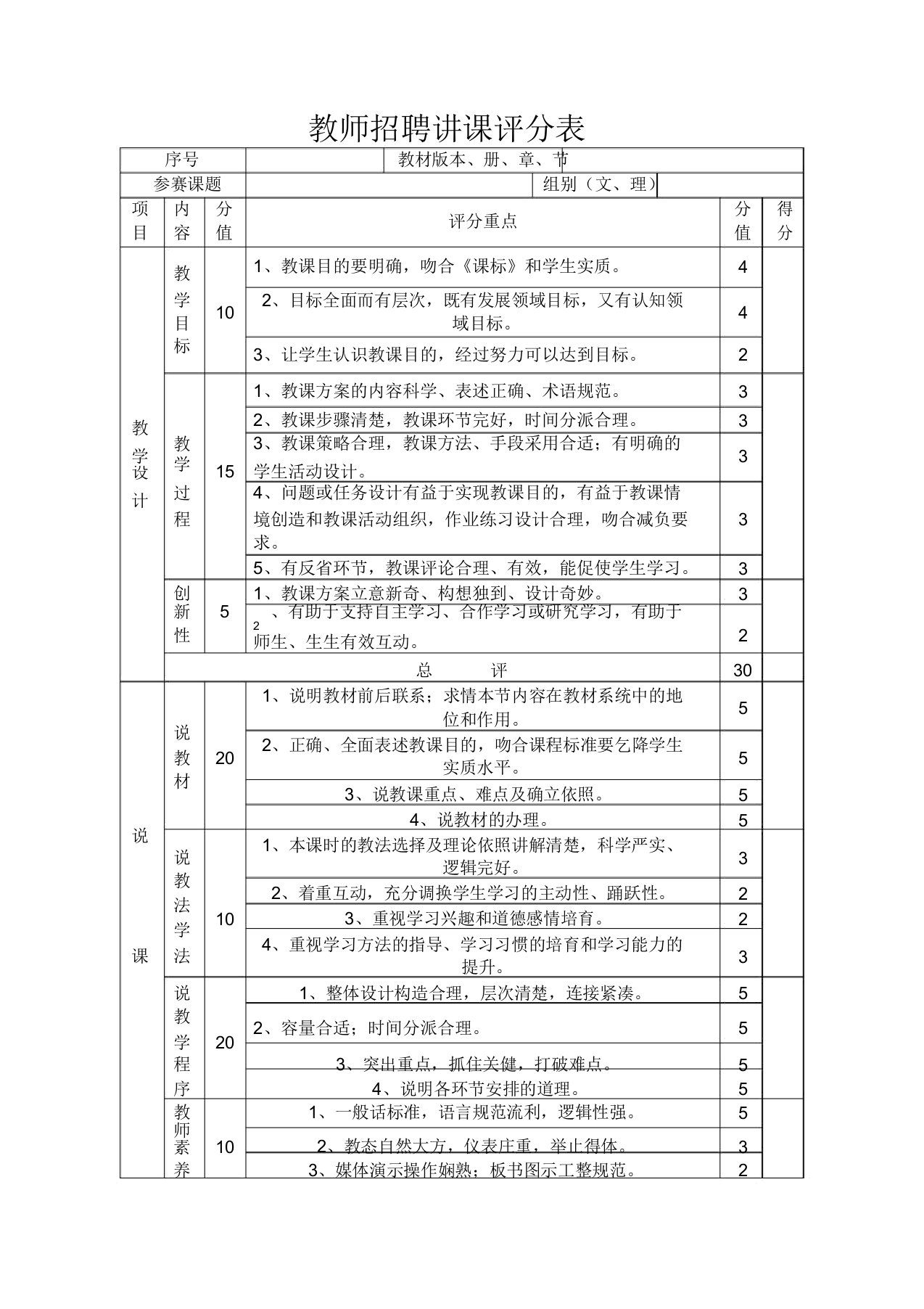 教师招聘说课评分表