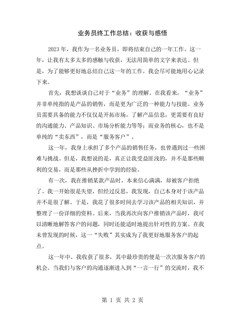 业务员终工作总结：收获与感悟