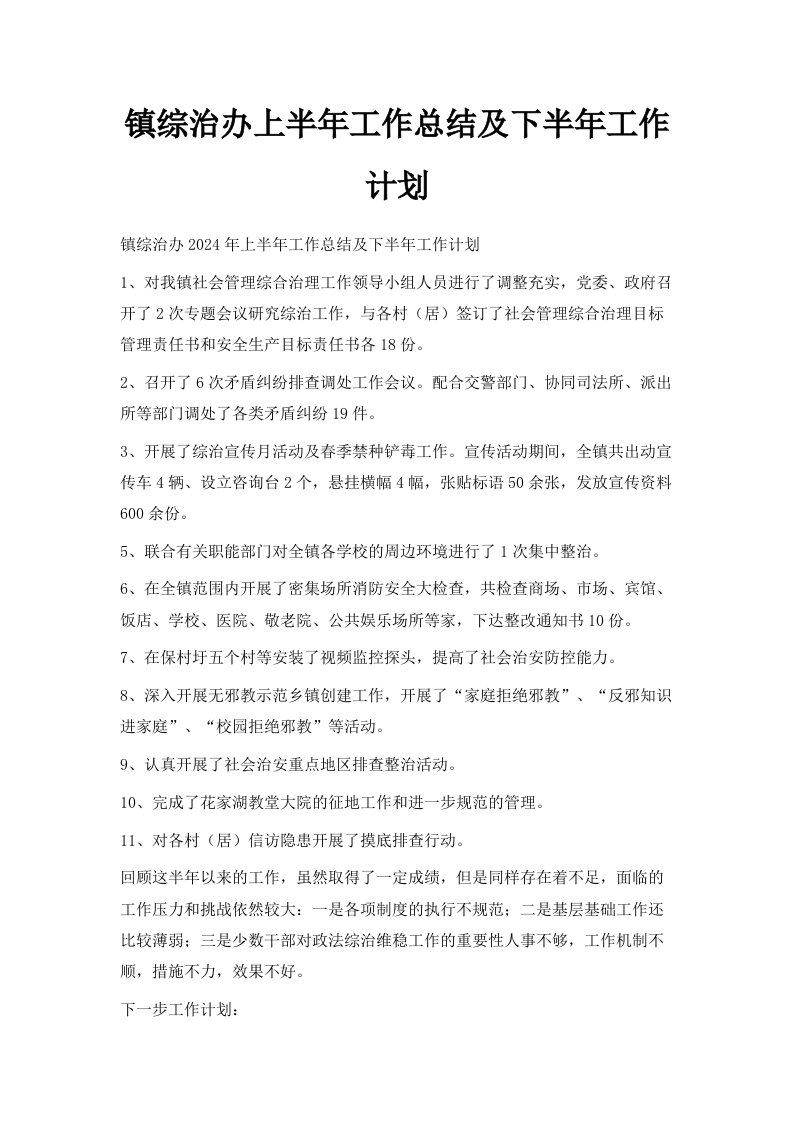 镇综治办上半年工作总结及下半年工作计划