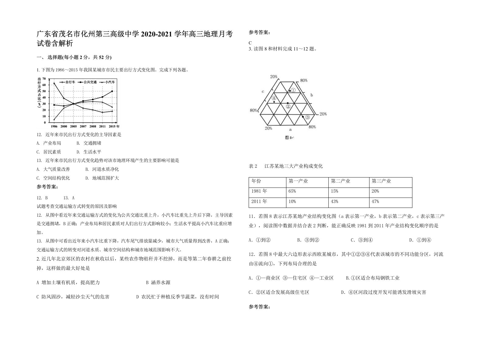 广东省茂名市化州第三高级中学2020-2021学年高三地理月考试卷含解析