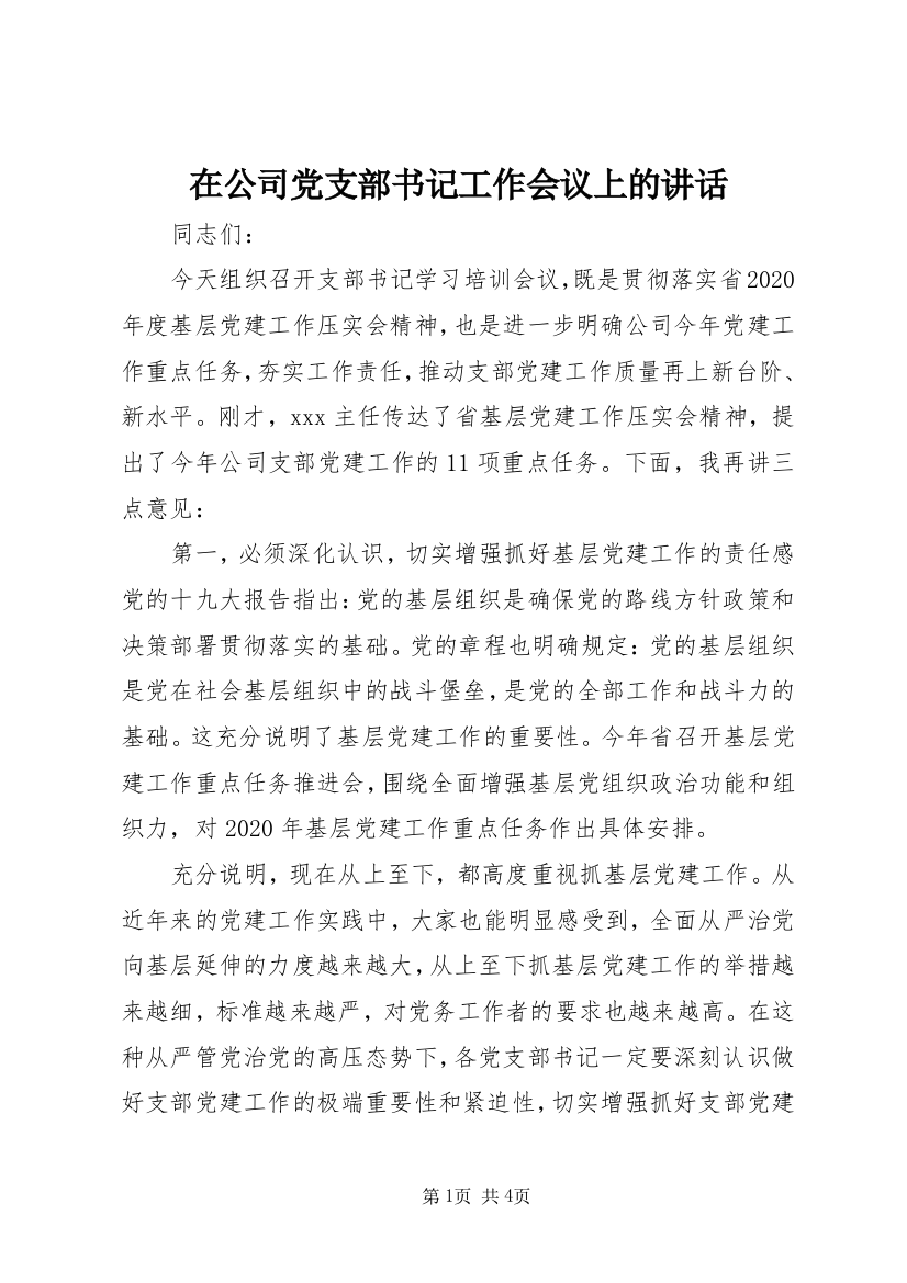 在公司党支部书记工作会议上的讲话