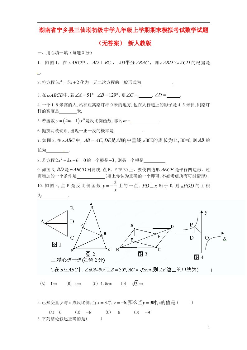 湖南省宁乡县九级数学上学期期末模拟考试试题（无答案）