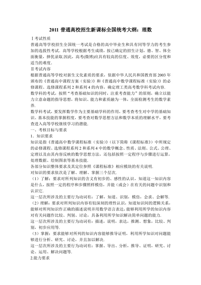 2011年湖南新课标数学高考考纲