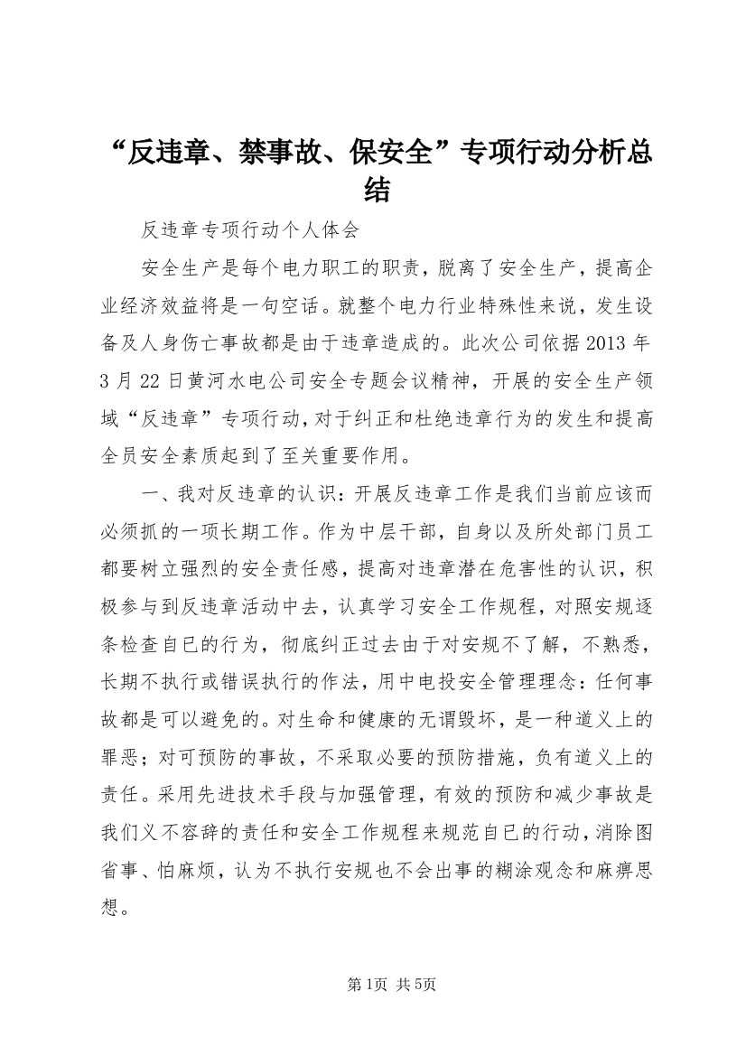 “反违章、禁事故、保安全”专项行动分析总结