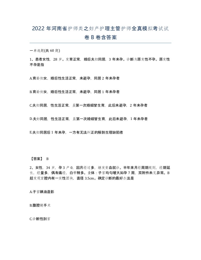 2022年河南省护师类之妇产护理主管护师全真模拟考试试卷B卷含答案