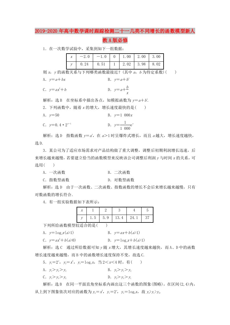 2019-2020年高中数学课时跟踪检测二十一几类不同增长的函数模型新人教A版必修