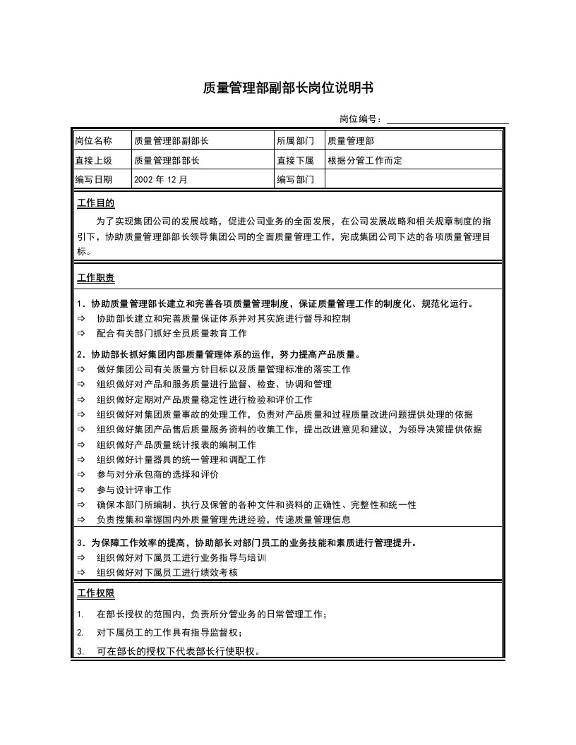 质管部副部长岗位说明书KM版