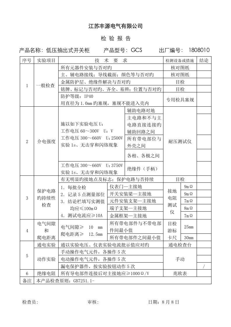 低压配电柜检验报告