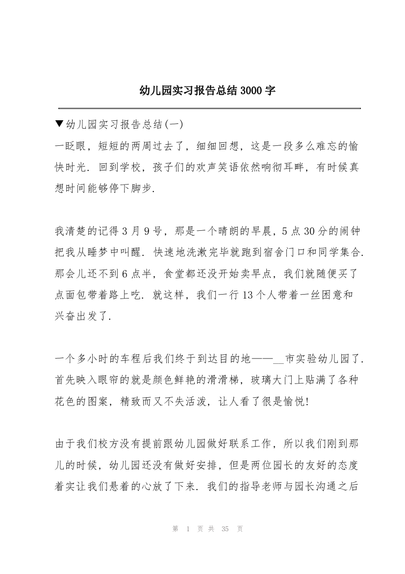 幼儿园实习报告总结3000字