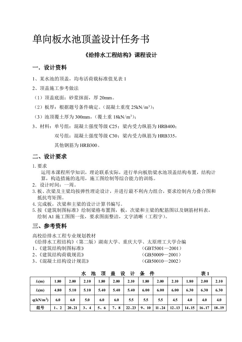 《给排水结构》单向板水池顶盖设计义务书