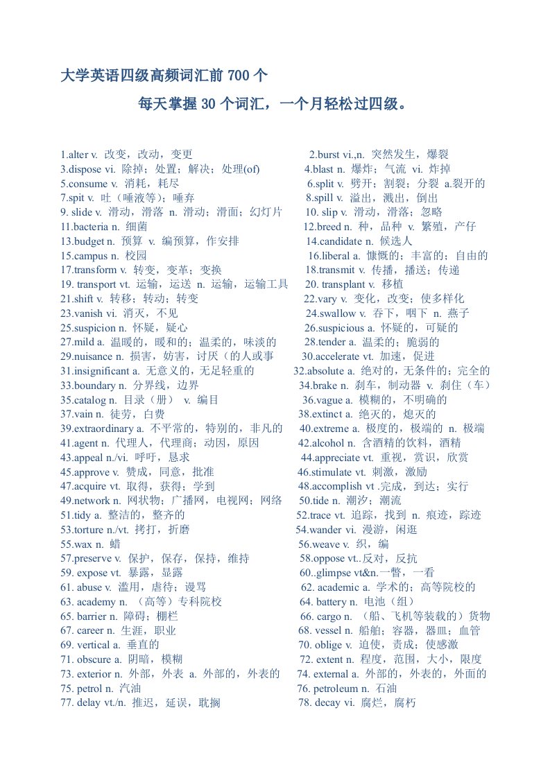 【强烈推荐】大学英语四级高频词汇前700个
