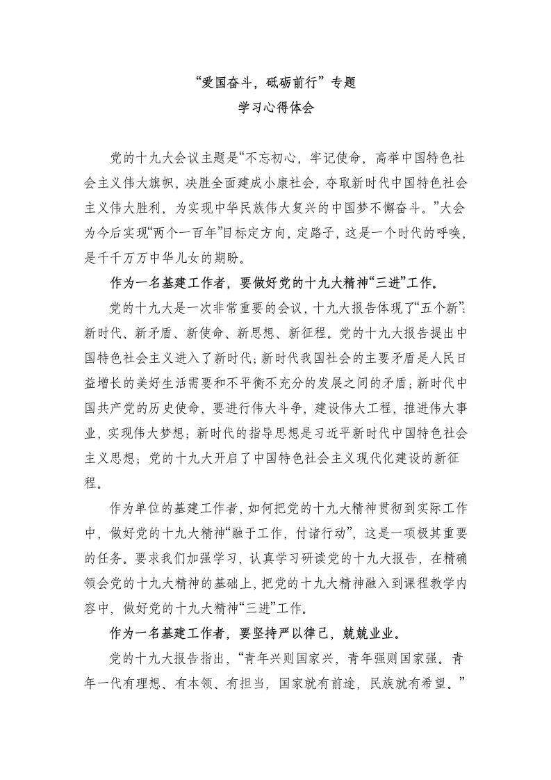 爱国奋斗,砥砺前行专题学习心得