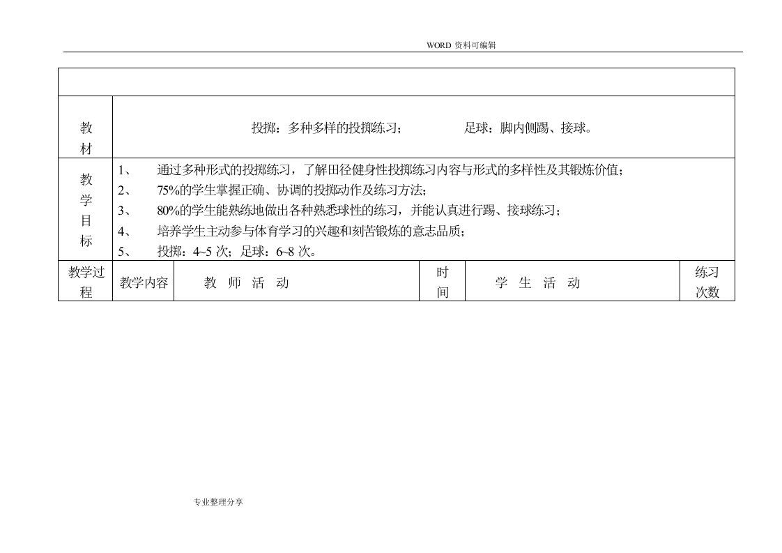 初中体育课教学案全集