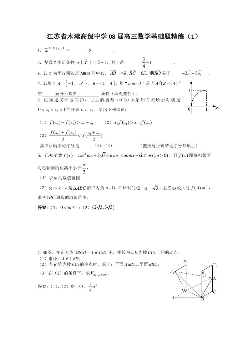 江苏省木渎高级中学08届高三数学基础题精练