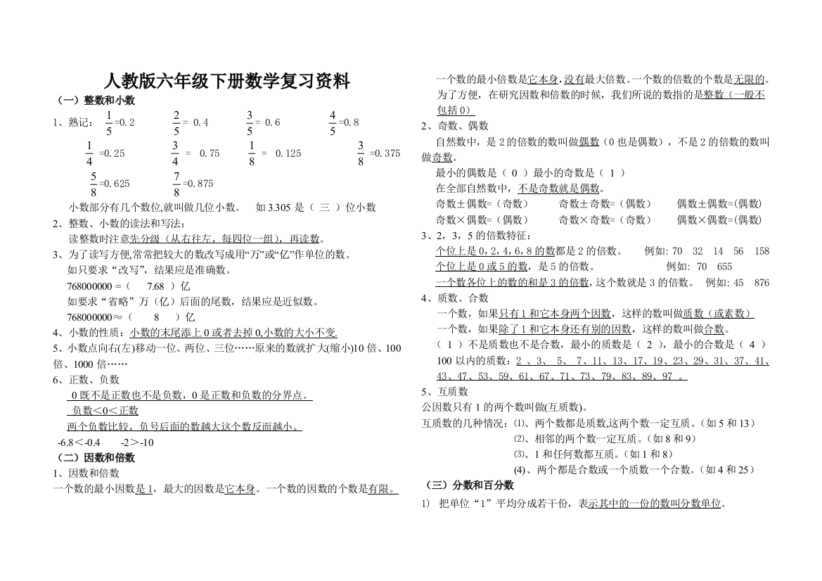 2016人教版六年级数学下册复习资料精华版