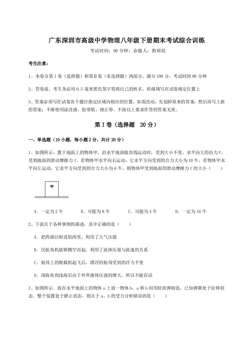 第二次月考滚动检测卷-广东深圳市高级中学物理八年级下册期末考试综合训练试卷