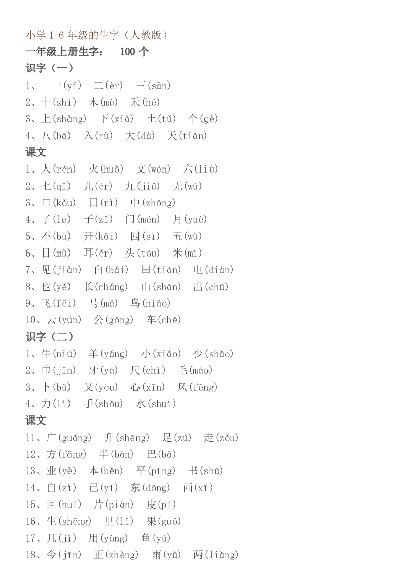 人教版1-6年级生字(带拼音)