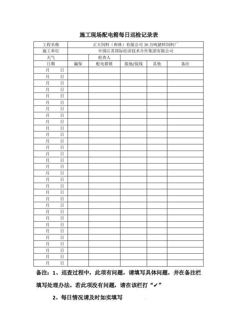 施工现场配电箱每日巡检记录表