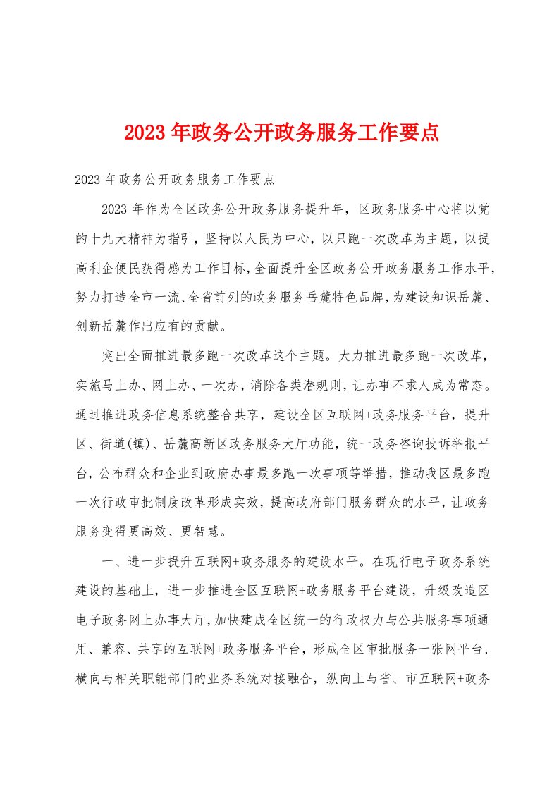 2023年政务公开政务服务工作要点